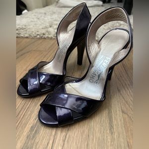 Salvatore Ferragamo Patent Dark Purple Slingback Sandal Heels